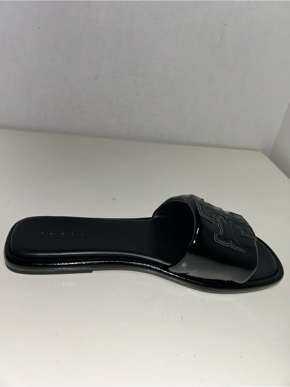 Tory Burch Double T Sport Slides Perfect Black Patent Leather